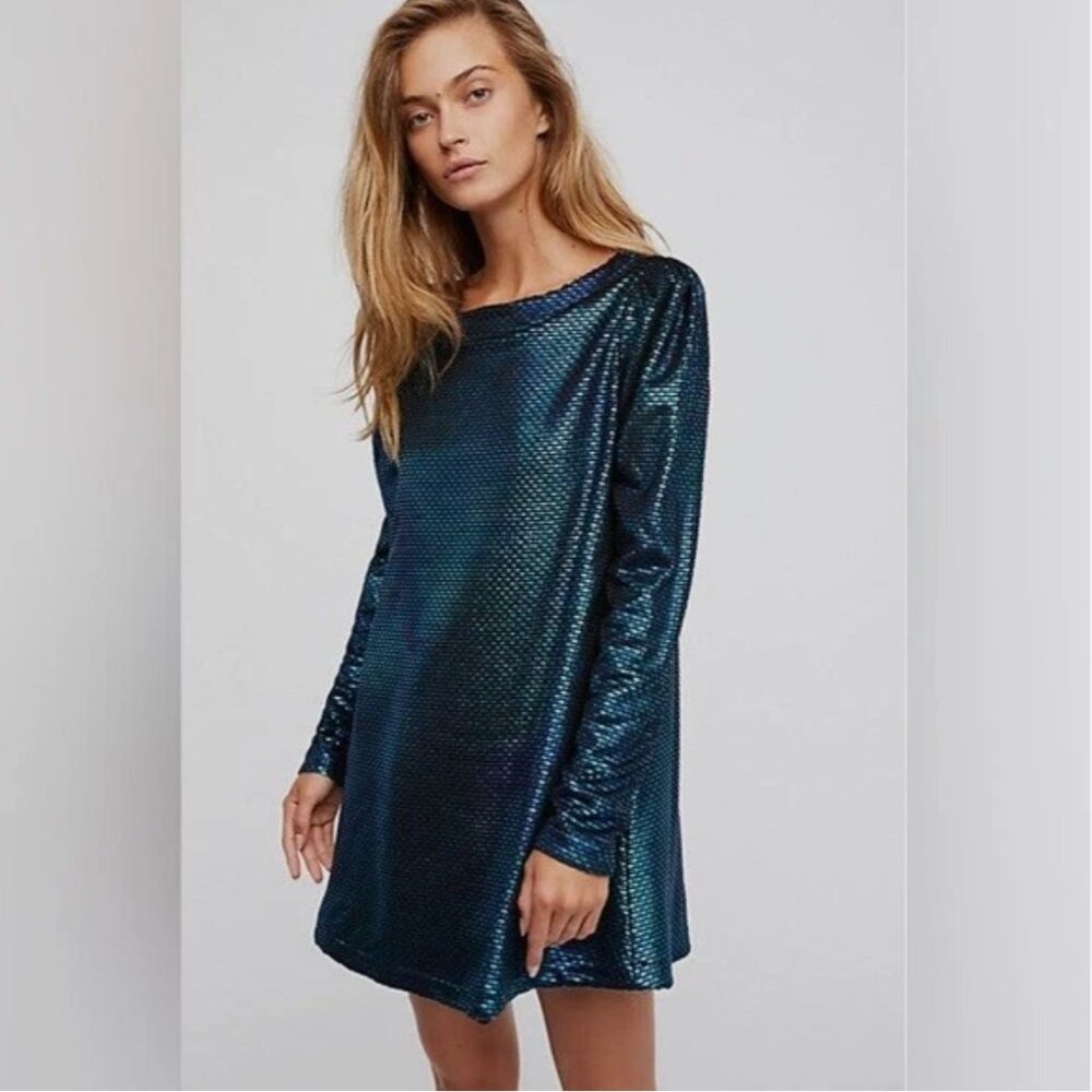 Free People Blue Iridescent Diamonds Are Forever Long Sleeve Mini Dress - Size M